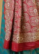 Turquoise And Red Zardosi Embroidered Saree In Banarasi Silk